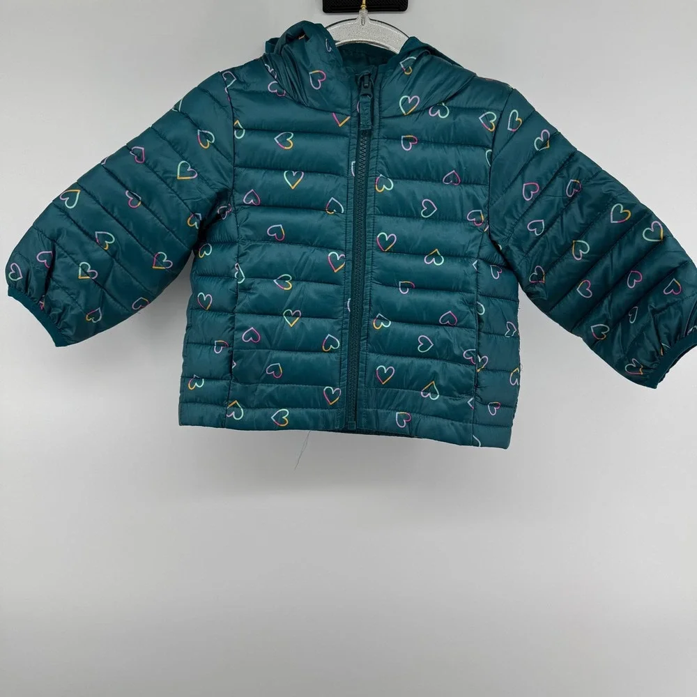 Jumping Beans Girls Teal Heart Puffer Hooded Jacket 12 Months